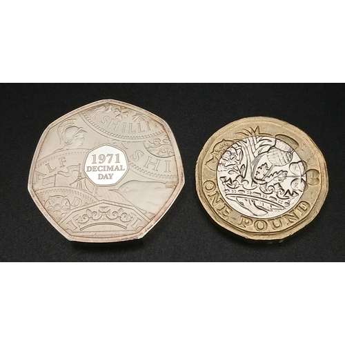 1058 - A Royal Mint Sterling Silver Proof 50p Coin. Commemorating the 50th anniversary of decimal day. Come... 