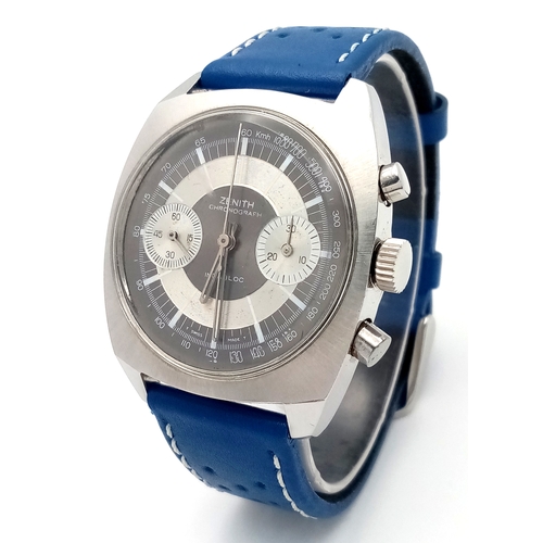 A Vintage Zenith Chronograph Gents Watch. Blue leather strap. Stainless steel case - 38mm. Two tone dial with two sub dials. Mechanical hand-wind movement. In working order.
