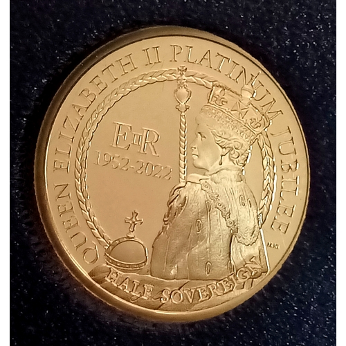 A Harrington and Byrne 22K Gold Queen Elizabeth II Platinum Jubilee Half Sovereign Proof Coin. 4g. Comes with case and COA.