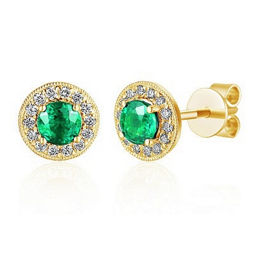 114 - A Pair of 18K Yellow Gold, Claw-Set Round Brilliant Cut Emerald and Micro-Set Diamond Halo Earrings.... 