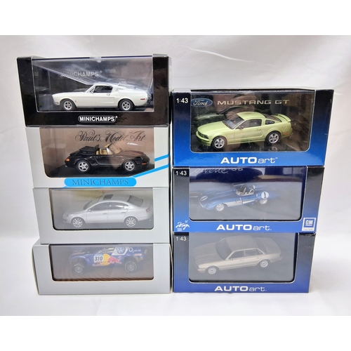 A box of 1/43 scale die cast models. To include Minichamps and Autoart. Good condition. Please see photos.