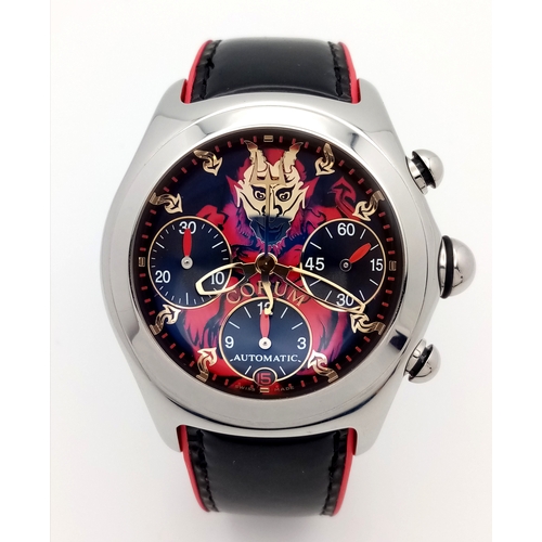 A Corum Bubble 'Lucifer' Limited Edition Gents Watch. Only 666 made! Black patent leather strap with red accents. Polished stainless steel case - 45mm. Heavily domed crystal. Satanic dial with three sub dials. Automatic movement. Baphomet engraved rear case design. In very good condition and working order. Comes with a Lucifer case and Limited edition certificate - Number 94 of 666.