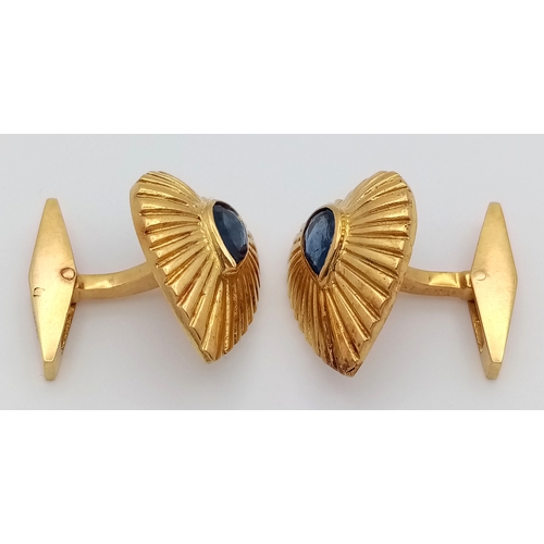 3 - A Pair of 18K Yellow Gold Heart-Shaped Cufflinks - Both having pear shaped set sapphires - c.1.2ctw.... 