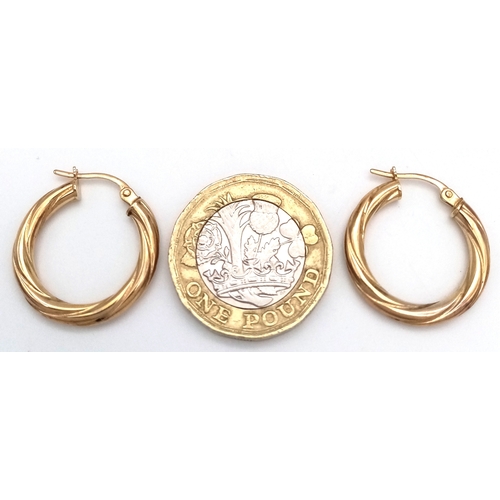 7 - Traditional 9 CARAT GOLD HOOP EARRINGS. Twist Design. 1.13 Grams. Approx 2.0 cm Diameter.