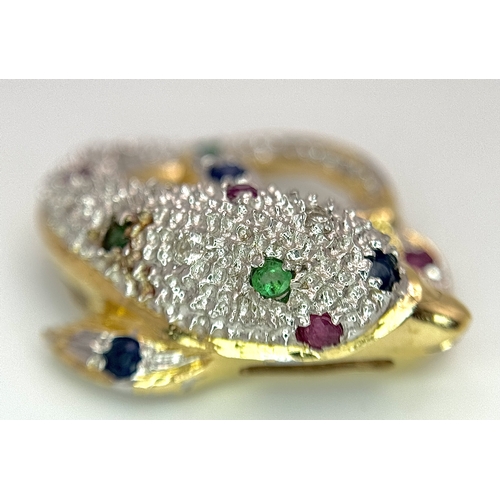 9 - A Gorgeous 18K Yellow Gold Gem-Set Dolphin Pendant. Diamond encrusted with emerald, ruby and sapphir... 