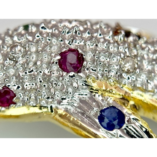 9 - A Gorgeous 18K Yellow Gold Gem-Set Dolphin Pendant. Diamond encrusted with emerald, ruby and sapphir... 