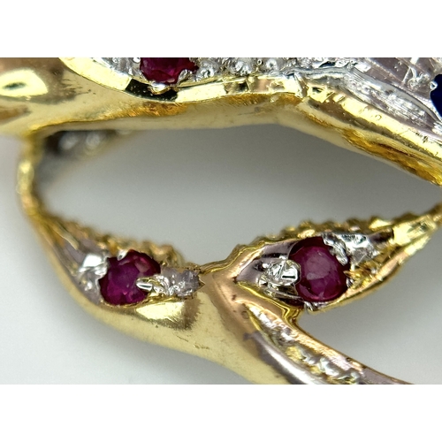 9 - A Gorgeous 18K Yellow Gold Gem-Set Dolphin Pendant. Diamond encrusted with emerald, ruby and sapphir... 