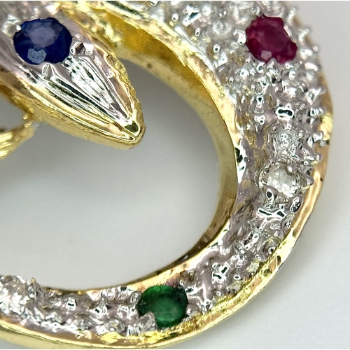 9 - A Gorgeous 18K Yellow Gold Gem-Set Dolphin Pendant. Diamond encrusted with emerald, ruby and sapphir... 