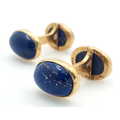 19 - A Lovely Vintage Pair of 9K Gold and Lapis Lazuli Cufflinks. 8.55g total weight.