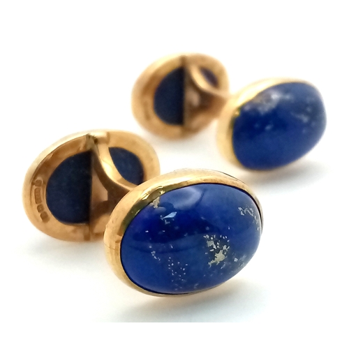 19 - A Lovely Vintage Pair of 9K Gold and Lapis Lazuli Cufflinks. 8.55g total weight.