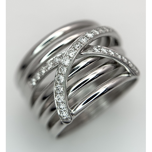 24 - AN 18K WHITE GOLD, 6 ROW, DIAMOND SET RING. 6.3G, SIZE P. 10110