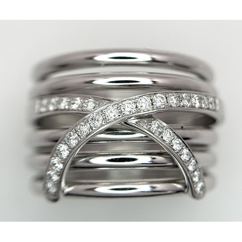 24 - AN 18K WHITE GOLD, 6 ROW, DIAMOND SET RING. 6.3G, SIZE P. 10110