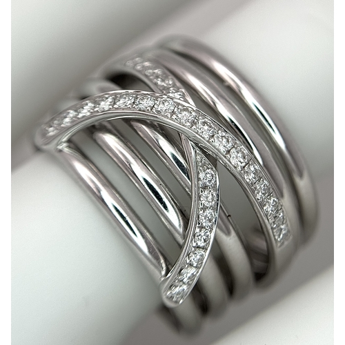 24 - AN 18K WHITE GOLD, 6 ROW, DIAMOND SET RING. 6.3G, SIZE P. 10110
