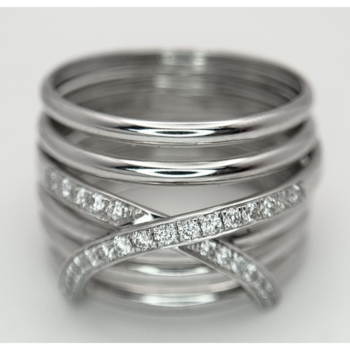 24 - AN 18K WHITE GOLD, 6 ROW, DIAMOND SET RING. 6.3G, SIZE P. 10110