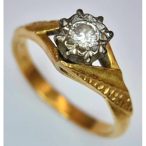 30 - An 18K Yellow Gold Diamond Solitaire Ring. Size M 1/2. 3.5g.