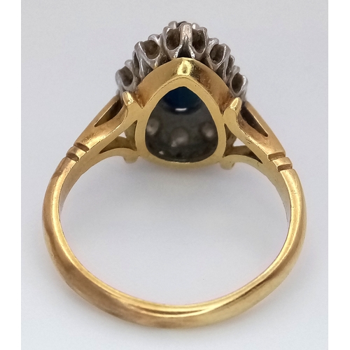46 - An 18K Yellow Gold Diamond and Sapphire Ring. A 1.5ct pear-shaped sapphire with a 0.50ctw diamond su... 