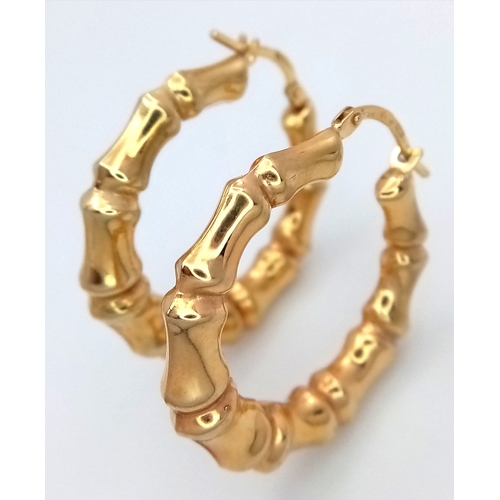 49 - Impressive Pair of 9 CARAT GOLD BAMBOO HOOP EARRINGS. 3.5 cm. 3.0 Grams. Please see pictures.