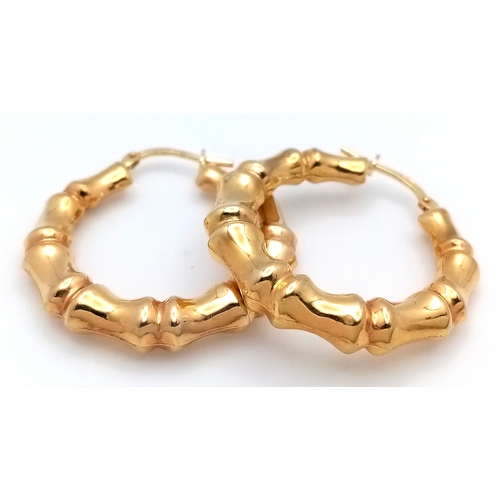 49 - Impressive Pair of 9 CARAT GOLD BAMBOO HOOP EARRINGS. 3.5 cm. 3.0 Grams. Please see pictures.