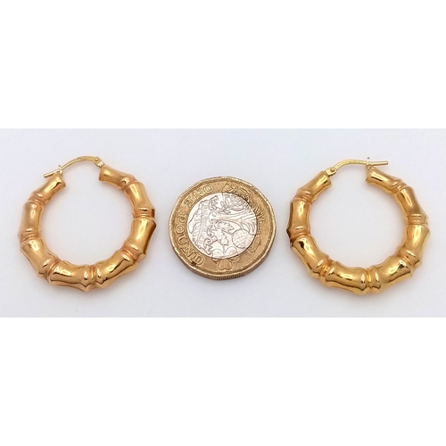 49 - Impressive Pair of 9 CARAT GOLD BAMBOO HOOP EARRINGS. 3.5 cm. 3.0 Grams. Please see pictures.
