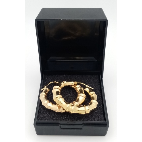 49 - Impressive Pair of 9 CARAT GOLD BAMBOO HOOP EARRINGS. 3.5 cm. 3.0 Grams. Please see pictures.