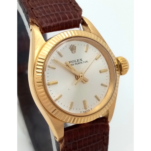 50 - A Vintage Rolex Oyster Perpetual Gold Cased Ladies Automatic Watch. Brown leather strap. Gold case -... 
