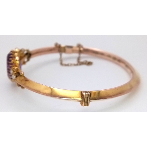 56 - Fabulous Vintage 9 CARAT GOLD BANGLE. Set with large Oval Cut AMETHYST and Seed PEARLS. Complete wit... 