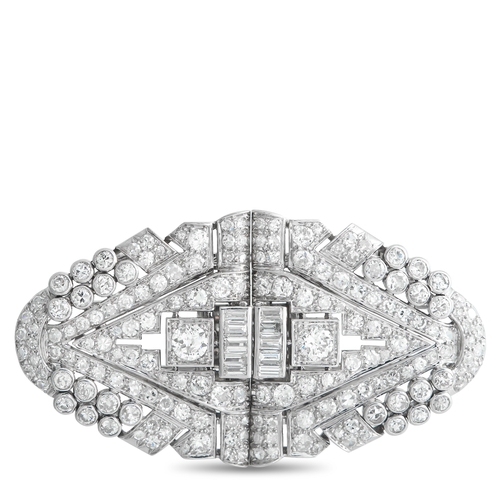 A Platinum 10.50ct Diamond Brooch. Covered in sparkling Diamonds with a total weight of 10.50 carats. Platinum setting features a geometric design that draws inspiration from Art Deco era design. It measures 2.60 inches long by 1.50 inches wide. In estate condition and includes a gift box. Total weight: 63.3 grams. *This item is held at Cadmore USA Office in Pennsylvania, USA and will be shipped from there. Buyers will be responsible for direct shipping payments.*