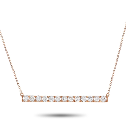 78 - An 18K Rose Gold 1.00 ct Diamond Bar Necklace. At the center of an 18 chain, a simple bar pendant me... 