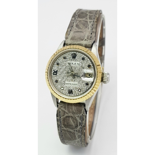 64 - A Rolex Datejust, Diamond Dial Automatic Ladies Watch. Grey leather strap. Stainless steel case - 26... 