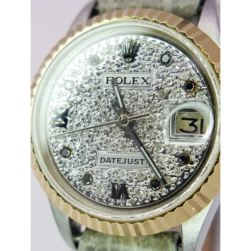 64 - A Rolex Datejust, Diamond Dial Automatic Ladies Watch. Grey leather strap. Stainless steel case - 26... 