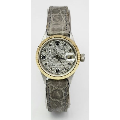 64 - A Rolex Datejust, Diamond Dial Automatic Ladies Watch. Grey leather strap. Stainless steel case - 26... 