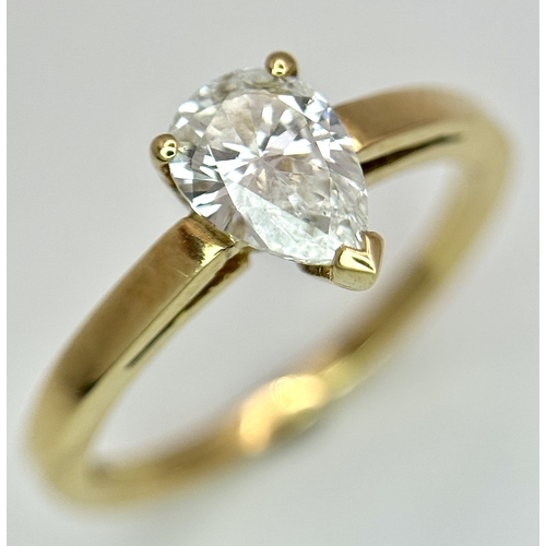 72 - An 18K Yellow Gold Diamond Solitaire Ring. 0.40ct pear shaped diamond. Size K. 2.75g. NL007