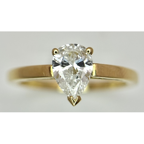 72 - An 18K Yellow Gold Diamond Solitaire Ring. 0.40ct pear shaped diamond. Size K. 2.75g. NL007