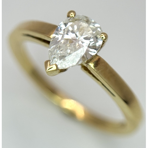 72 - An 18K Yellow Gold Diamond Solitaire Ring. 0.40ct pear shaped diamond. Size K. 2.75g. NL007