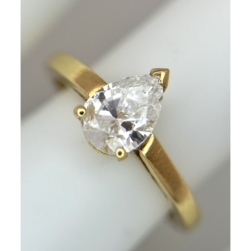 72 - An 18K Yellow Gold Diamond Solitaire Ring. 0.40ct pear shaped diamond. Size K. 2.75g. NL007