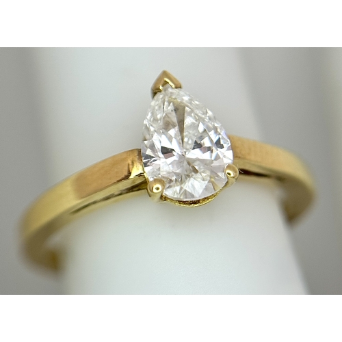 72 - An 18K Yellow Gold Diamond Solitaire Ring. 0.40ct pear shaped diamond. Size K. 2.75g. NL007