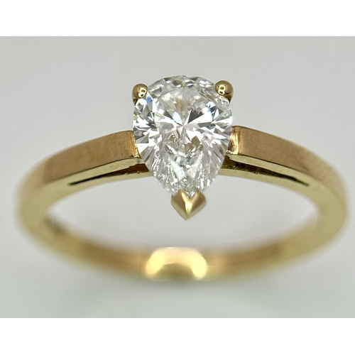 72 - An 18K Yellow Gold Diamond Solitaire Ring. 0.40ct pear shaped diamond. Size K. 2.75g. NL007