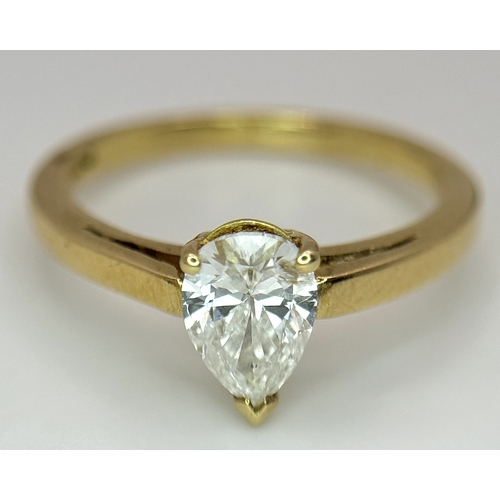 72 - An 18K Yellow Gold Diamond Solitaire Ring. 0.40ct pear shaped diamond. Size K. 2.75g. NL007