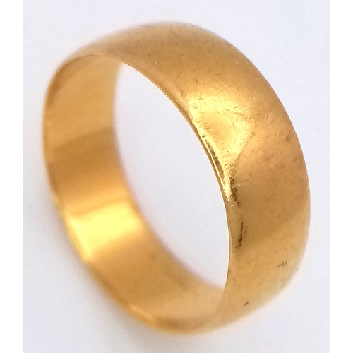 73 - A 22K Yellow Gold Band Ring. 6mm width. Size J. 2.75g.
