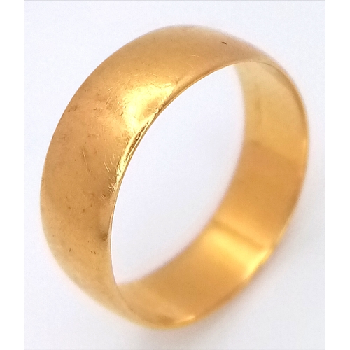 73 - A 22K Yellow Gold Band Ring. 6mm width. Size J. 2.75g.