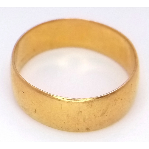 73 - A 22K Yellow Gold Band Ring. 6mm width. Size J. 2.75g.