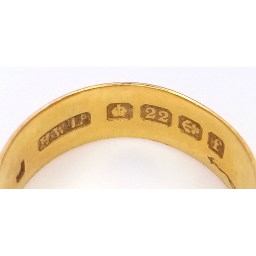 73 - A 22K Yellow Gold Band Ring. 6mm width. Size J. 2.75g.