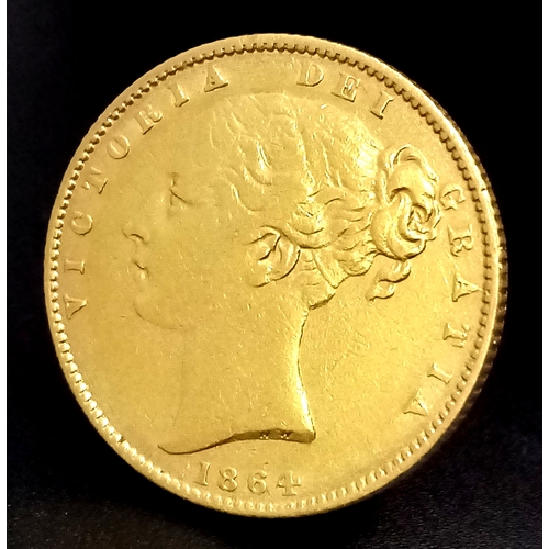 90 - AN 1864, YOUNG HEAD, SHIELD BACK, DIE NUMBER 48, FULL SOVEREIGN COIN. 22K GOLD. C 4002