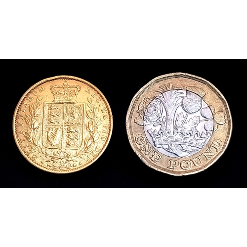 90 - AN 1864, YOUNG HEAD, SHIELD BACK, DIE NUMBER 48, FULL SOVEREIGN COIN. 22K GOLD. C 4002