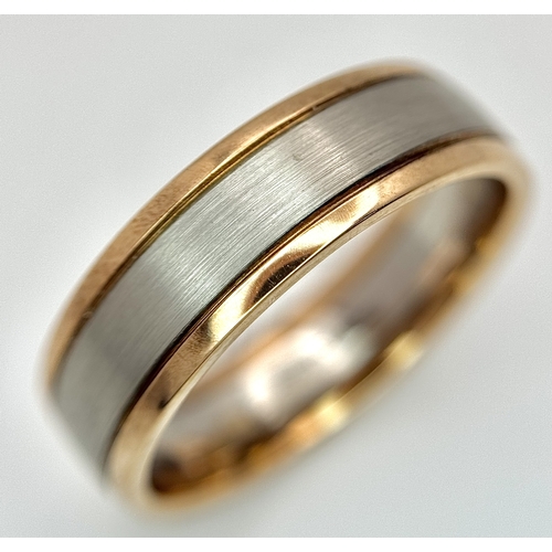 110 - A 950 Platinum and 9K Gold Band Ring. 7mm width. Size R. 6g. R-26760.