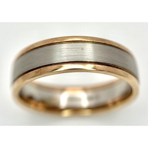 110 - A 950 Platinum and 9K Gold Band Ring. 7mm width. Size R. 6g. R-26760.