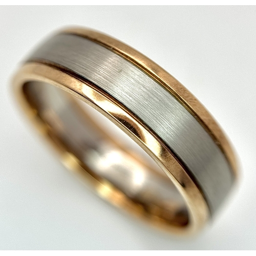 110 - A 950 Platinum and 9K Gold Band Ring. 7mm width. Size R. 6g. R-26760.