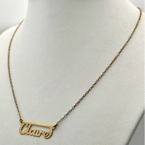 112 - Classic  9 CARAT GOLD NECKLACE with the Name ‘CLAIRE’  to centre. Full UK hallmark. 1.7 Grams. 38 cm... 