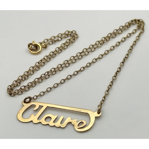 112 - Classic  9 CARAT GOLD NECKLACE with the Name ‘CLAIRE’  to centre. Full UK hallmark. 1.7 Grams. 38 cm... 