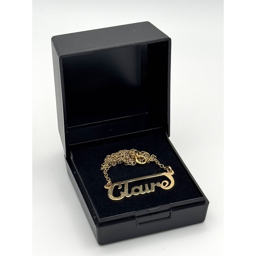 112 - Classic  9 CARAT GOLD NECKLACE with the Name ‘CLAIRE’  to centre. Full UK hallmark. 1.7 Grams. 38 cm... 